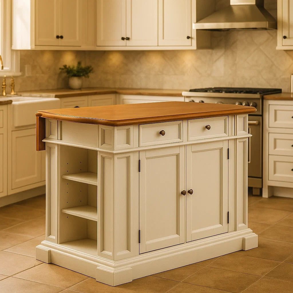 Îlot de Cuisine en Bois avec étagères Crème 91cm x 127cm x 76cm(Crème/Bois)
