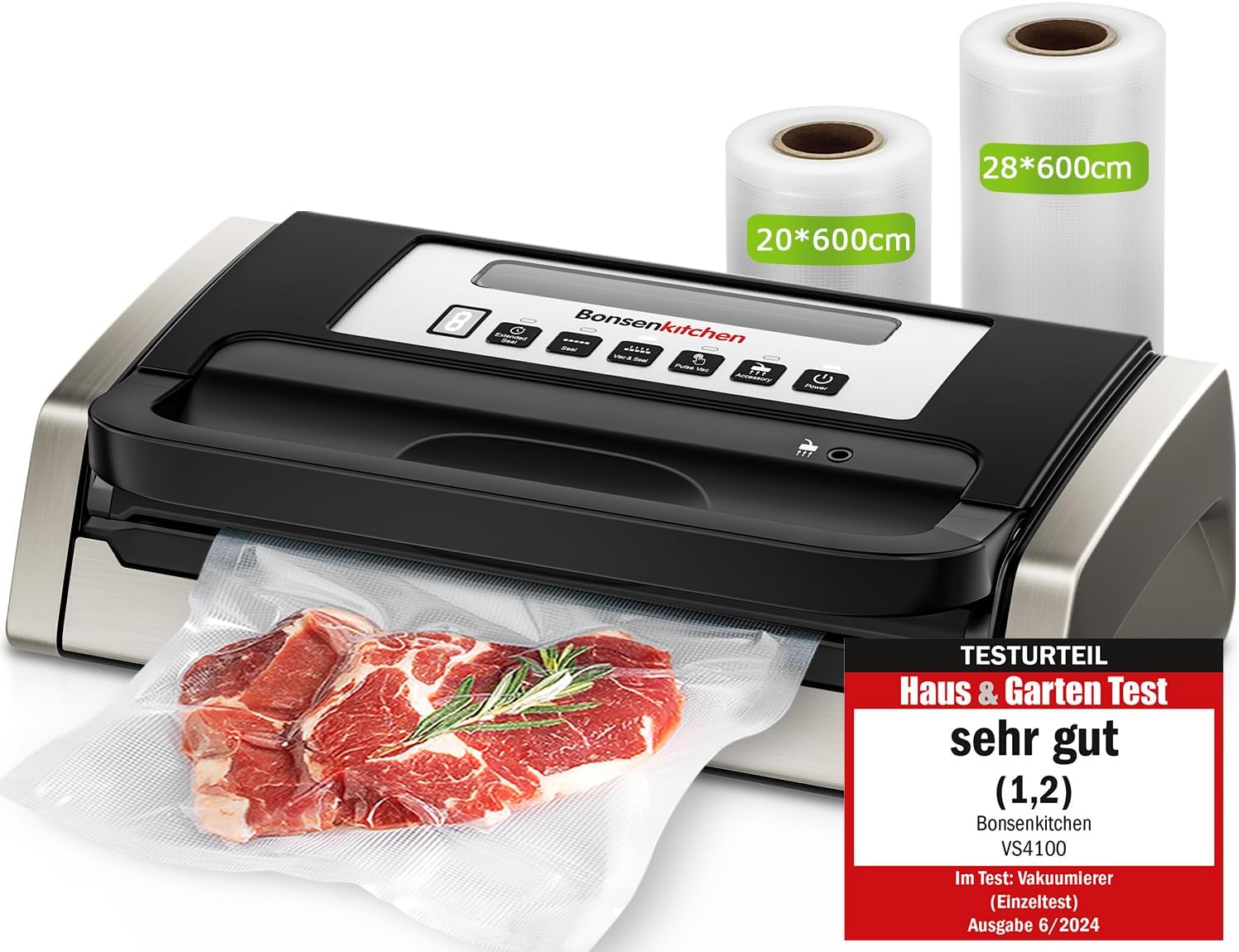 Bonsenkitchen Powerful and Quiet Food Vacuum Sealer with Globefish Technology for Continuous Work, Locked Handle Design, Integrated Cutter, 2 Rolls of Bags Included(Noir)