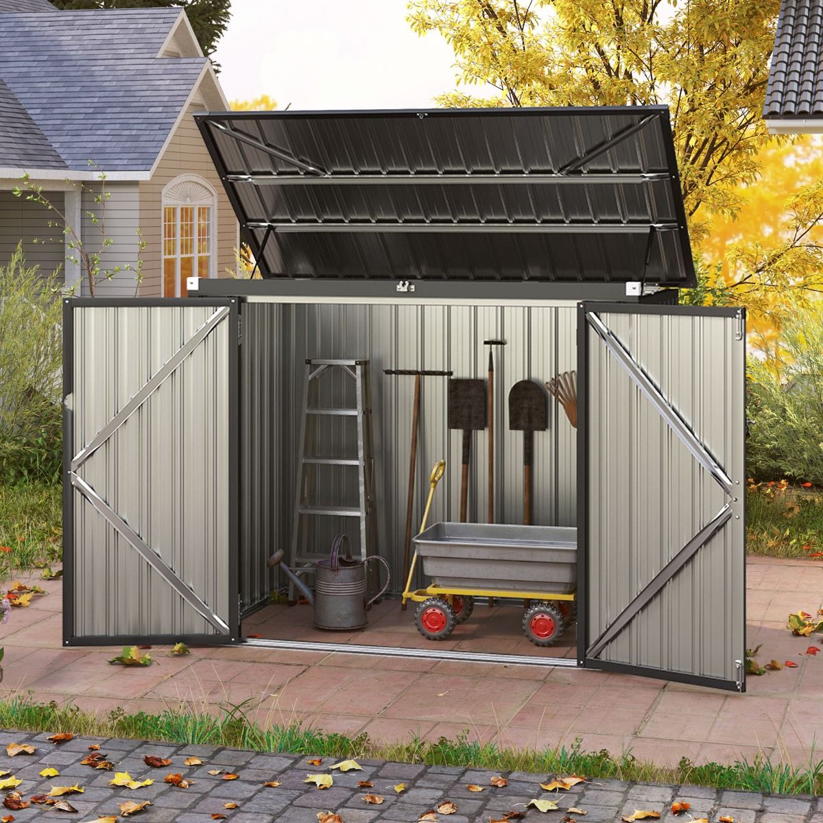 Abri de Stockage en Métal Galvanisé pour Poubelles Extérieur Abri de Jardin Verrouillable avec Toit Ouvert 2 Portes 172X95,5X130CM Gris(Default Title)