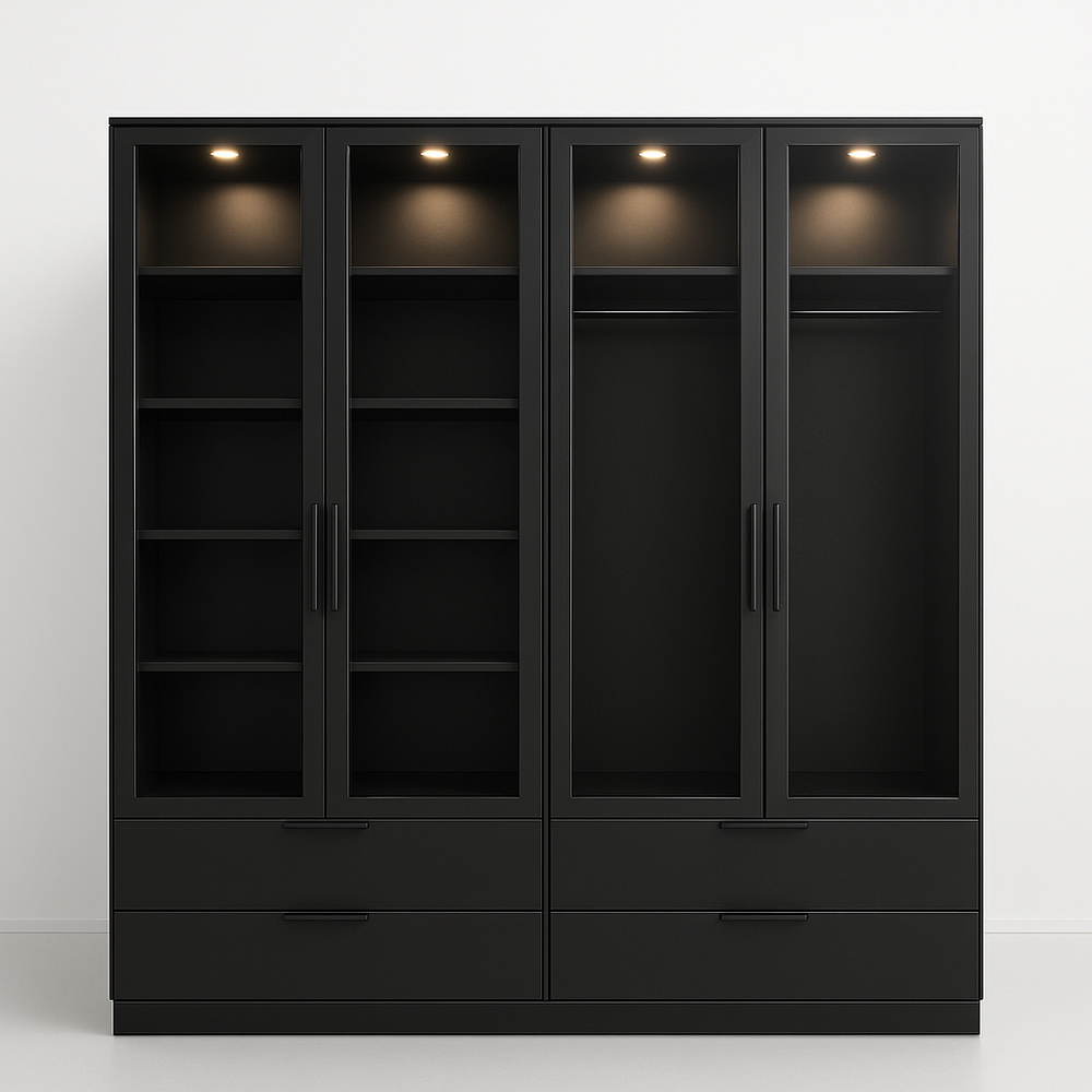Armoire vitrée en bois noir avec éclairage intégré 4 portes 240x60x200 cm(Noir)