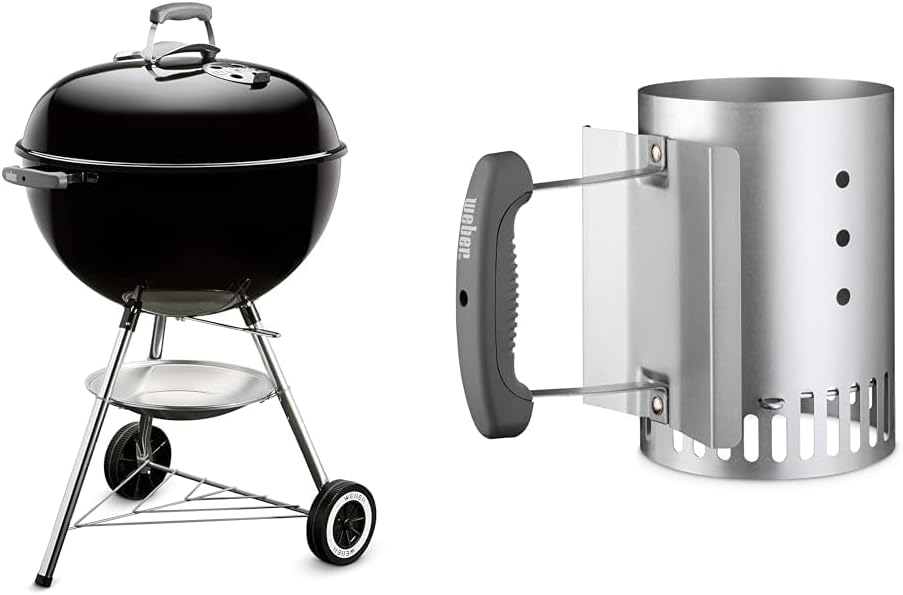 Weber Classic Kettle barbecue au charbon de bois, surface de cuisson Ø 57cm, barbecue avec couvercle et cuve en acier emaillé, thermomètre intégré au couvercle, trépied et roues - Noir (1341504)(Unique)