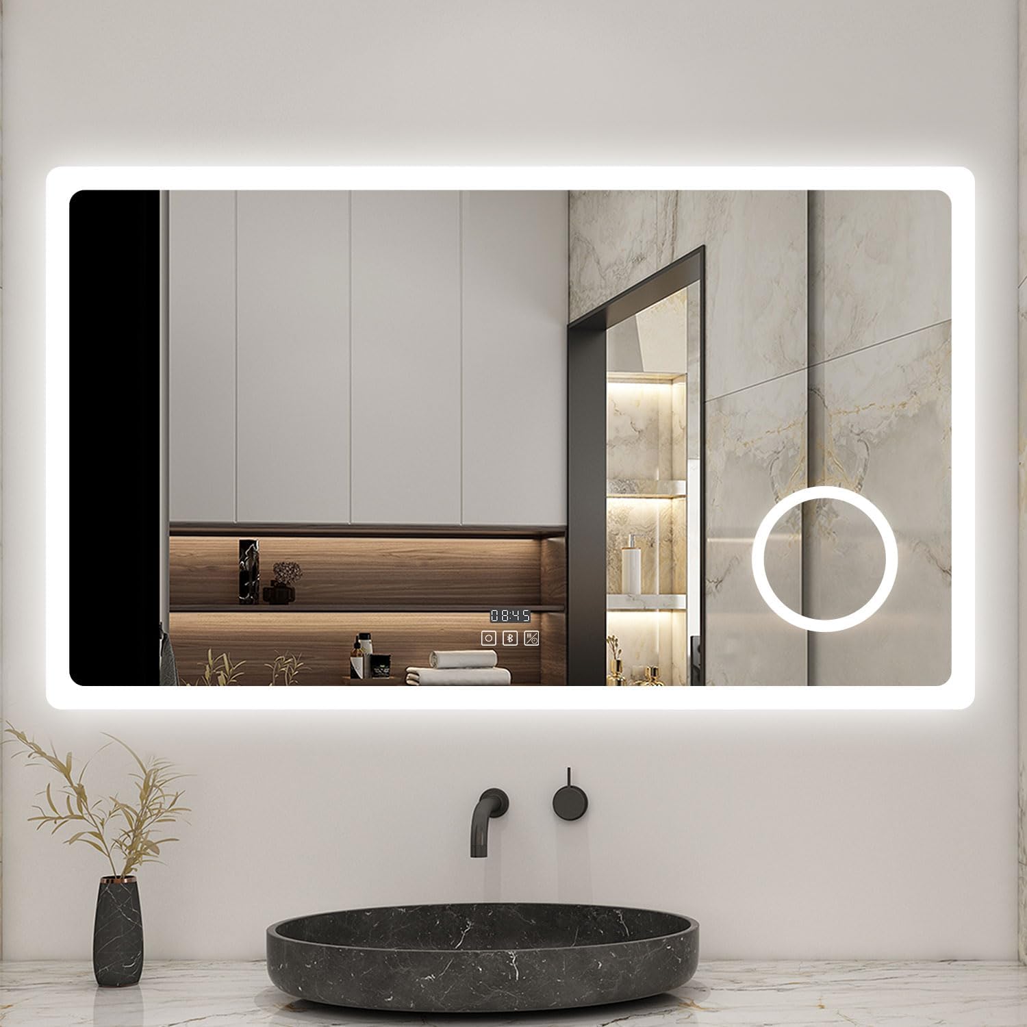 AICA Miroir Salle de Bain rectangulaire 120 x 70cm, Bluetooth + 3 Couleurs + dimmable + grossissant + Horloge + Anti-buée + mémoire, Miroir Lumineux(Blanc)