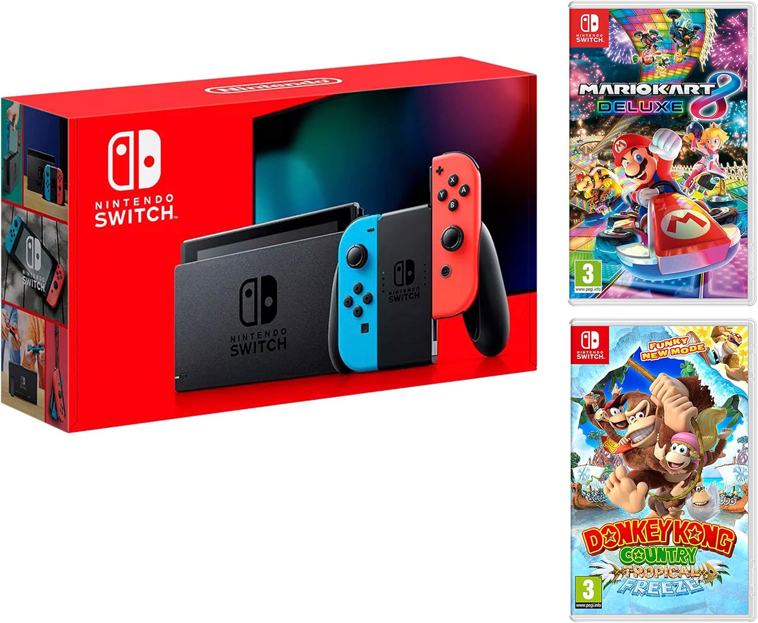 Nintendo Switch Console Rouge/Bleu Néon 32Go Pack + Mario Kart 8 Deluxe + Donkey Kong: Tropical Freeze(Rouge/Bleu)