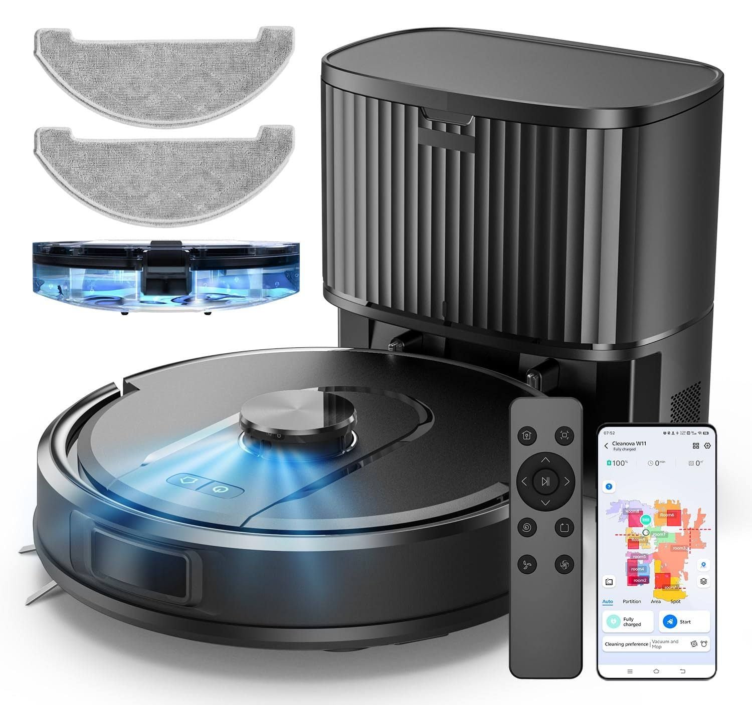 Vexilar Robot Aspirateur Laveur 5000Pa,Cleanova W11 Aspirateur Robot avec Vidange Automatique Poussière,Navigation LiDAR avec Cartographie,180min,(Noir/Gris)