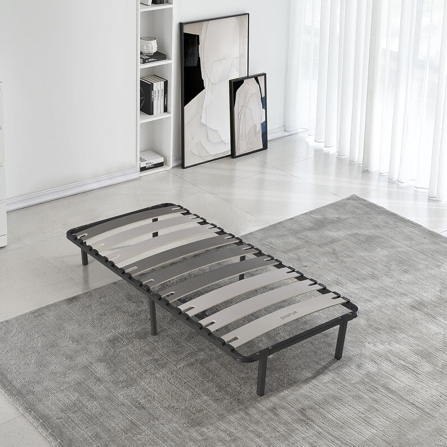 SAMPUR - Morpholattes bed base | 90 x 190 cm | 7 legs included | Grey | 25 cm high | epoxy lacquered metal frame | Extra wide slats | 5 support zones(160 x 200)