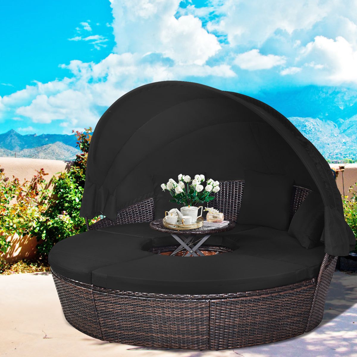 Lit de Jardin Rond d'Exterieur Table Relevable Modulable  Convertible - Pare Soleil Réglable rotin PE Coussins Inclus  Noir(Default Title)
