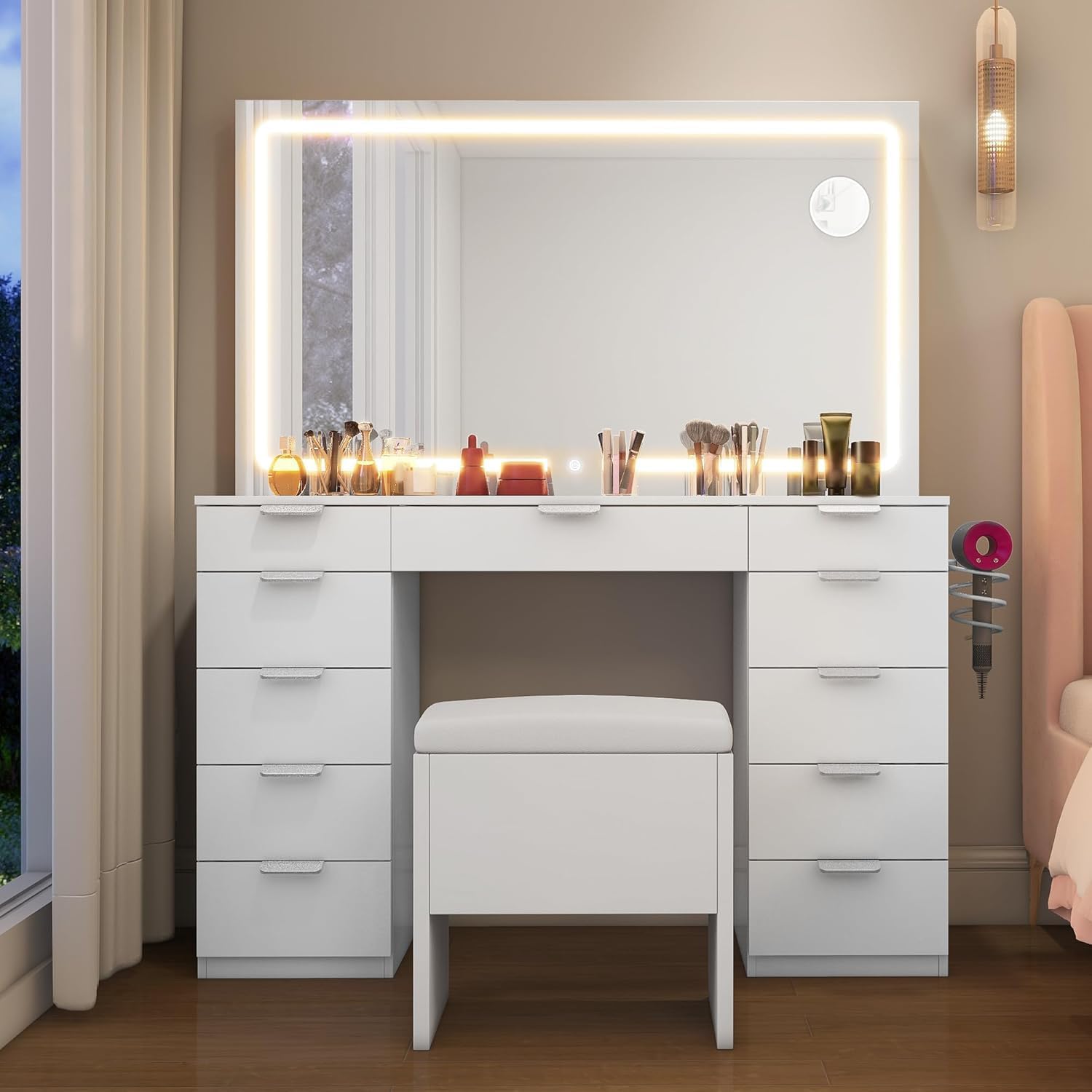 Grande Coiffeuse avec éclairage LED réglable et Prises électriques, Coiffeuse avec Miroir, Toit en Verre Transparent, 11 tiroirs et Tabouret, Blanc(114X40X140 CM/Blanc)