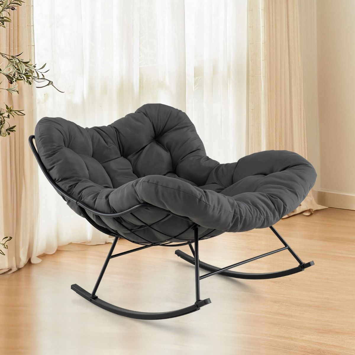 Chaise à Bascule d'Intérieur et d'Extérieur Chaise Papasan Surdimensionnée avec Coussin Rembourré  Cadre en Métal Capacité 205 Kg Gris(Default Title)