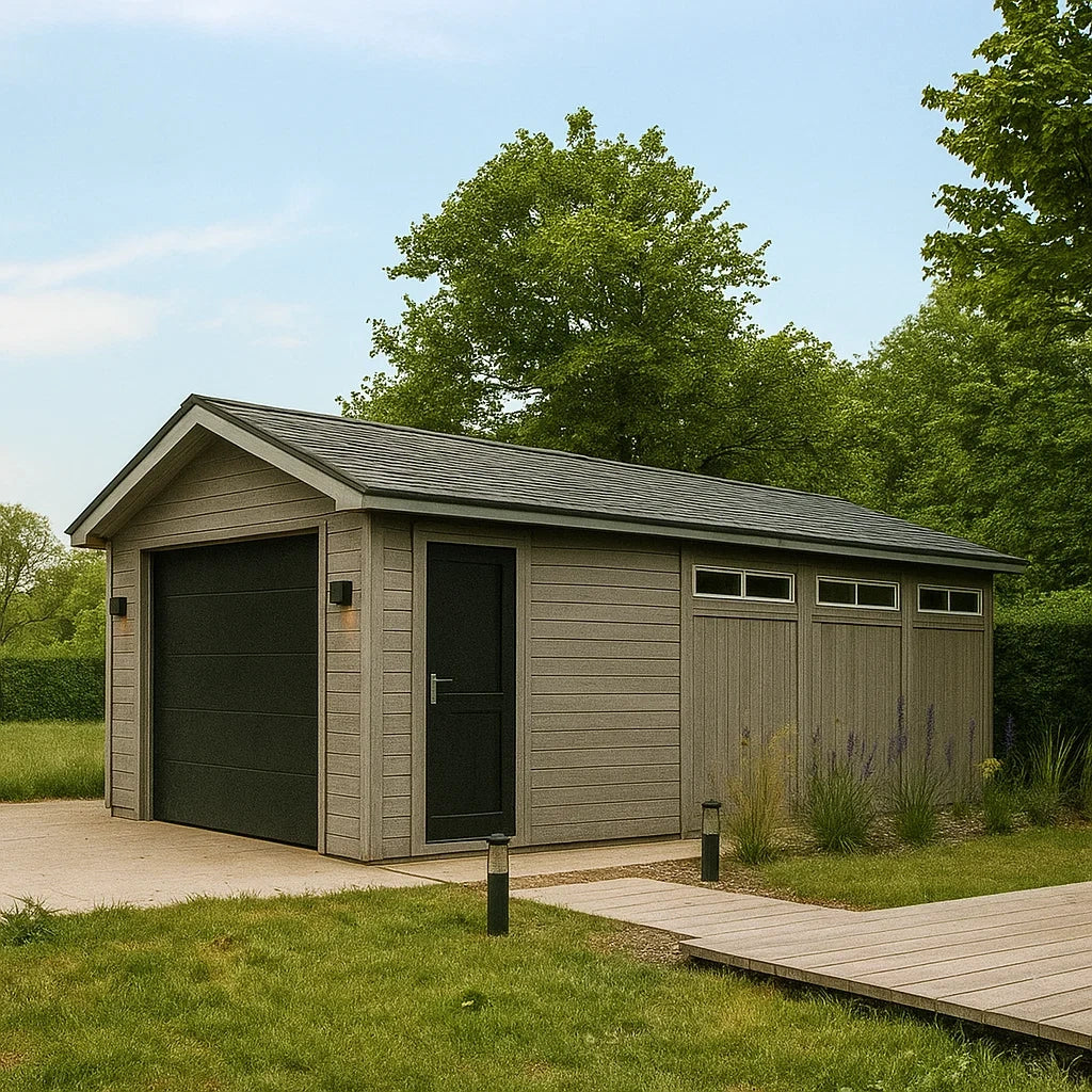 Garage en bois et PVC noir et gris avec toiture en pente et porte sectionnelle 6m x 3m(Noir/Gris)