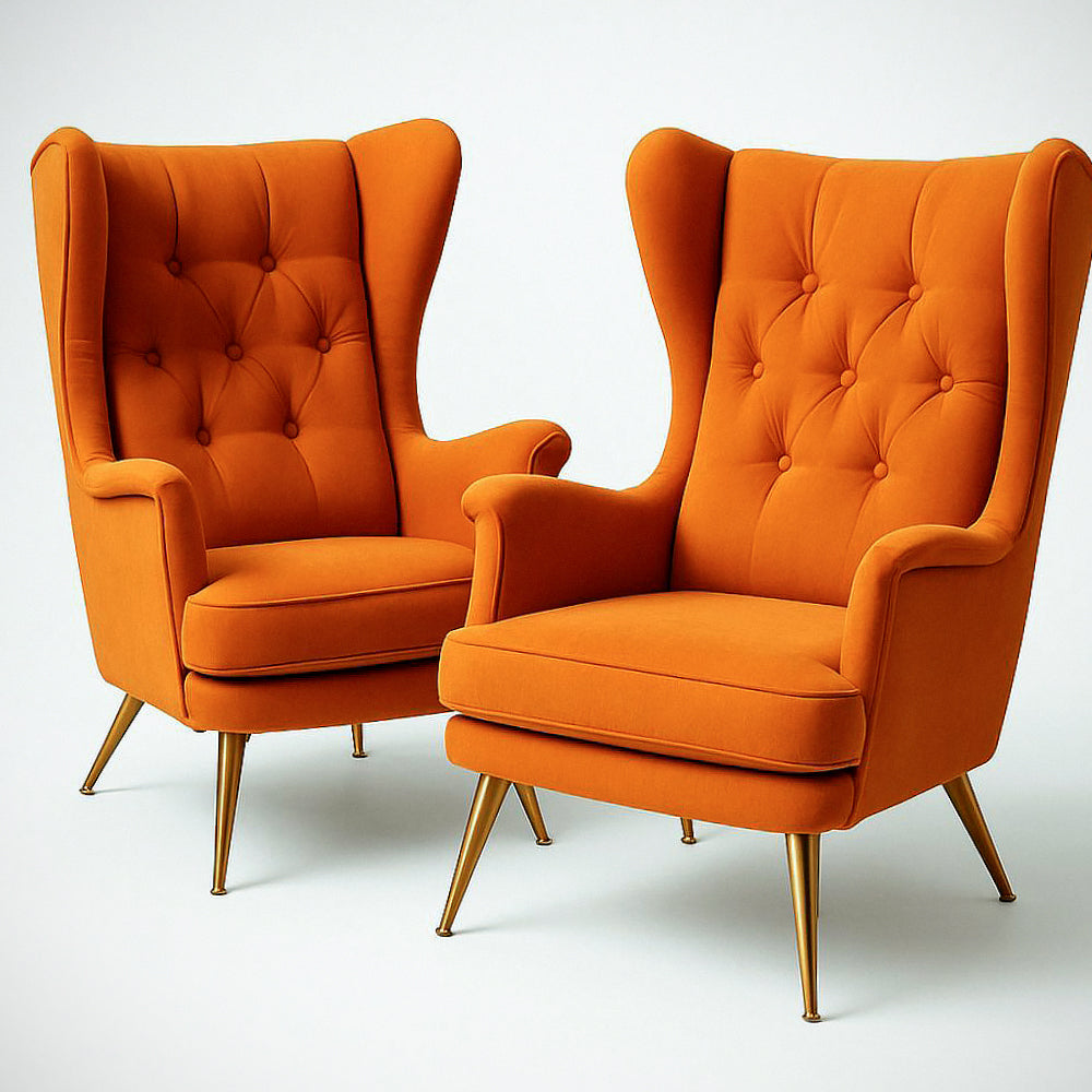 Ensemble de 2 fauteuils à oreilles en velours orange, pieds en métal doré, L76xP80xH105 cm(Orange)