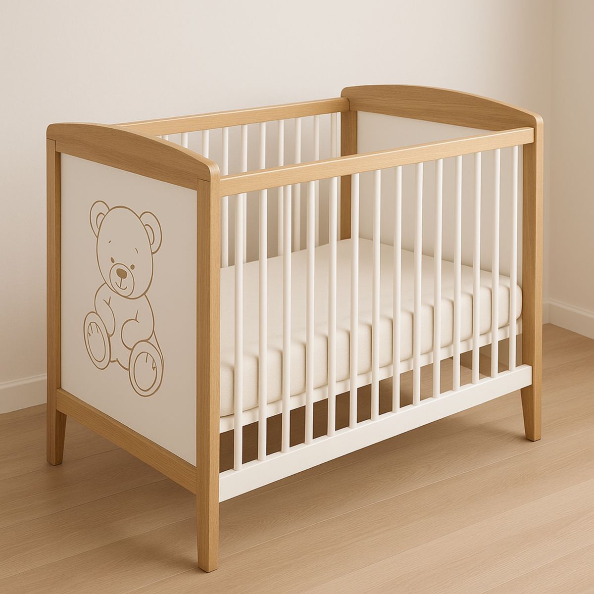 Lit bébé à barreaux en bois massif avec découpe ours EN 716(Chêne/Blanc)