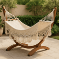 Hamac en coton 220x150 cm Beige avec support en bois(Beige)