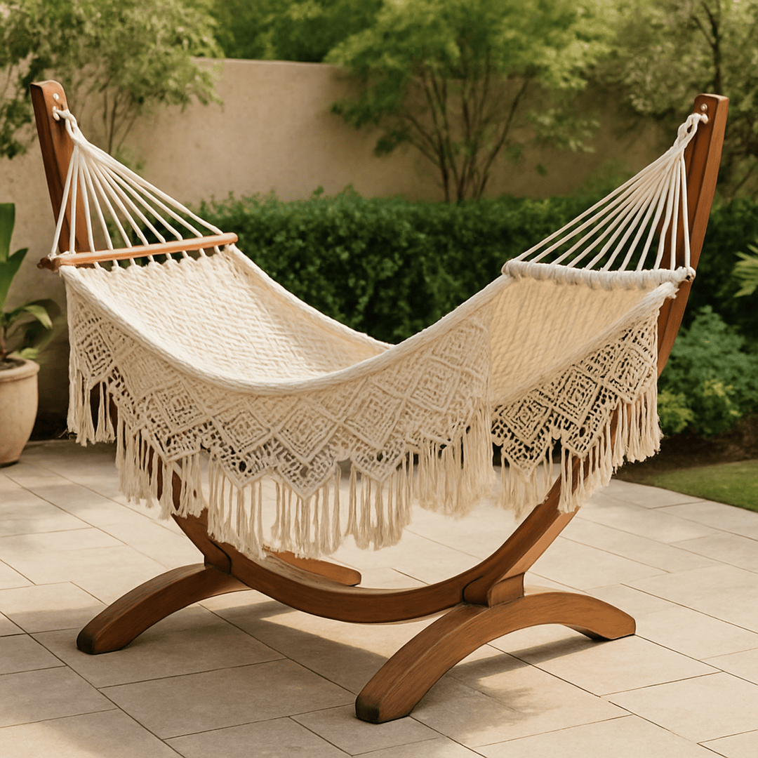 Hamac en coton 220x150 cm Beige avec support en bois(Beige)