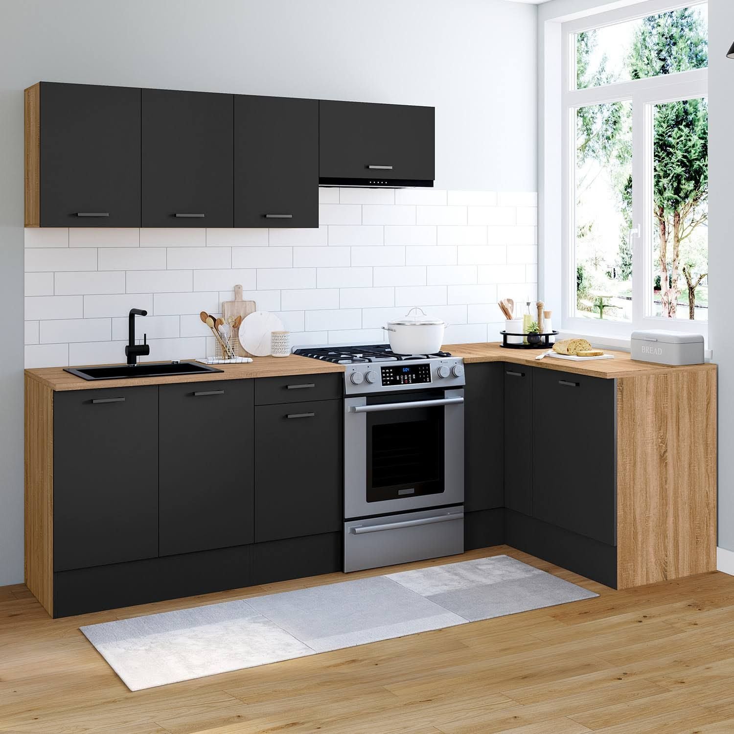 id market Cuisine Complète D'angle 400 Cm Subtil Avec Plan De Travail 7 Élements bois et noir(Noir/Bois)